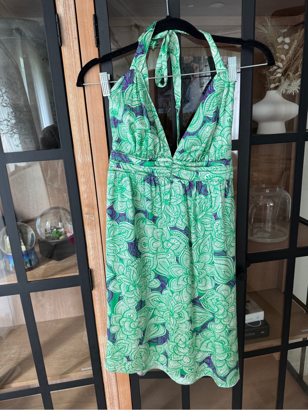 Y2K Alice & Trixie 100% Silk Halter mini Dress kelly tropical Floral Print vneck
